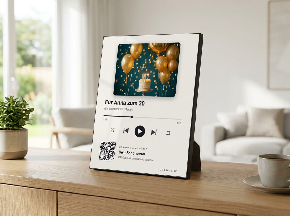 Song-Aufsteller mit QR-Code auf einem Sideboard